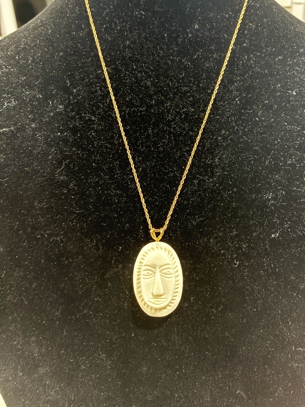 Vintage Cream Bone Carved Tribal Face Pendant Gold Tone Rope Chain